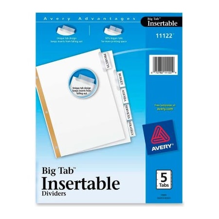 Avery Dennison Avery WorkSaver Big Tab Insertable Tab Divider, Print-on, 8.5"x11", 5 Tabs, White 11122